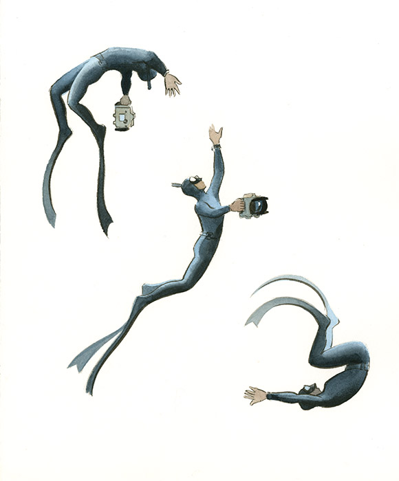 Watercolor and ink illustrations by Jessica Lanan from 'In the World of Whales' Showing a free diver in three different positions, turning and moving under the water.